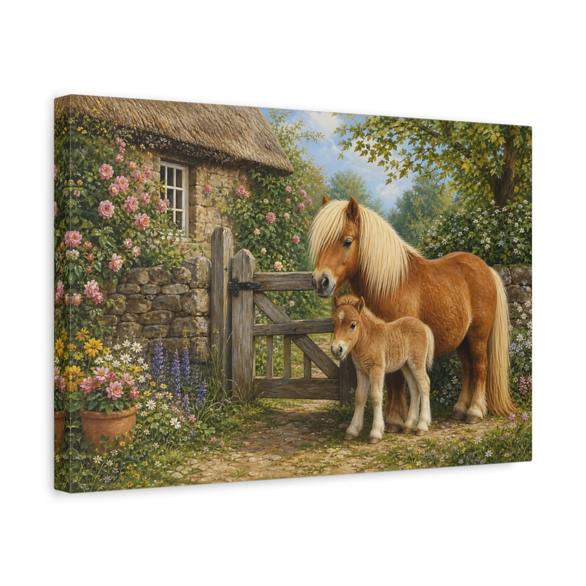 Side Mockup 4. Animals Ponies Brown Ponies shown as stretched canvas wall art