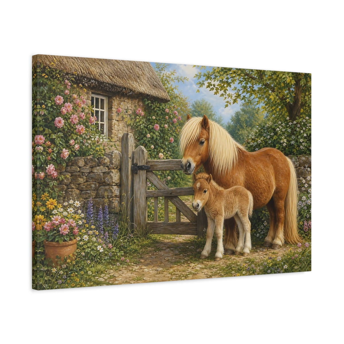 Side Mockup 2. Animals Ponies Brown Ponies shown as stretched canvas wall art