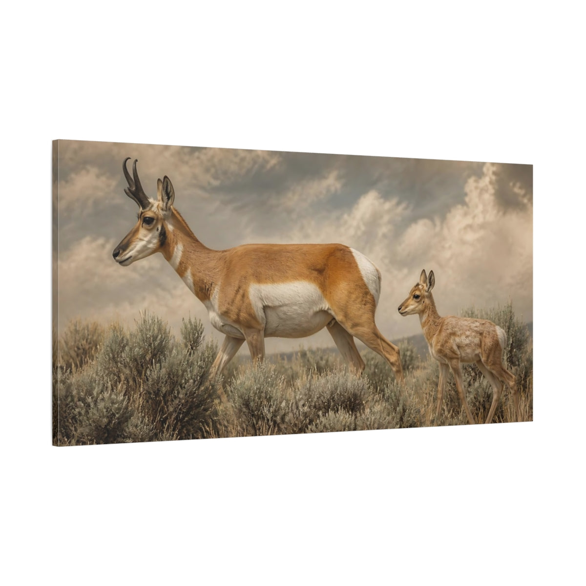 Side Mockup 2. Animals Pronghorn Brown Tan shown as stretched canvas wall art