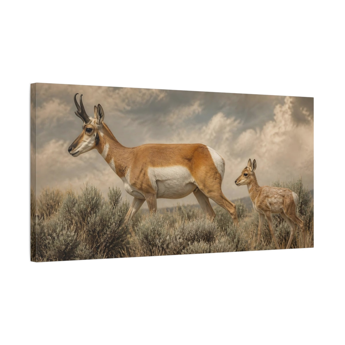 Side Mockup 1. Animals Pronghorn Brown Tan shown as stretched canvas wall art