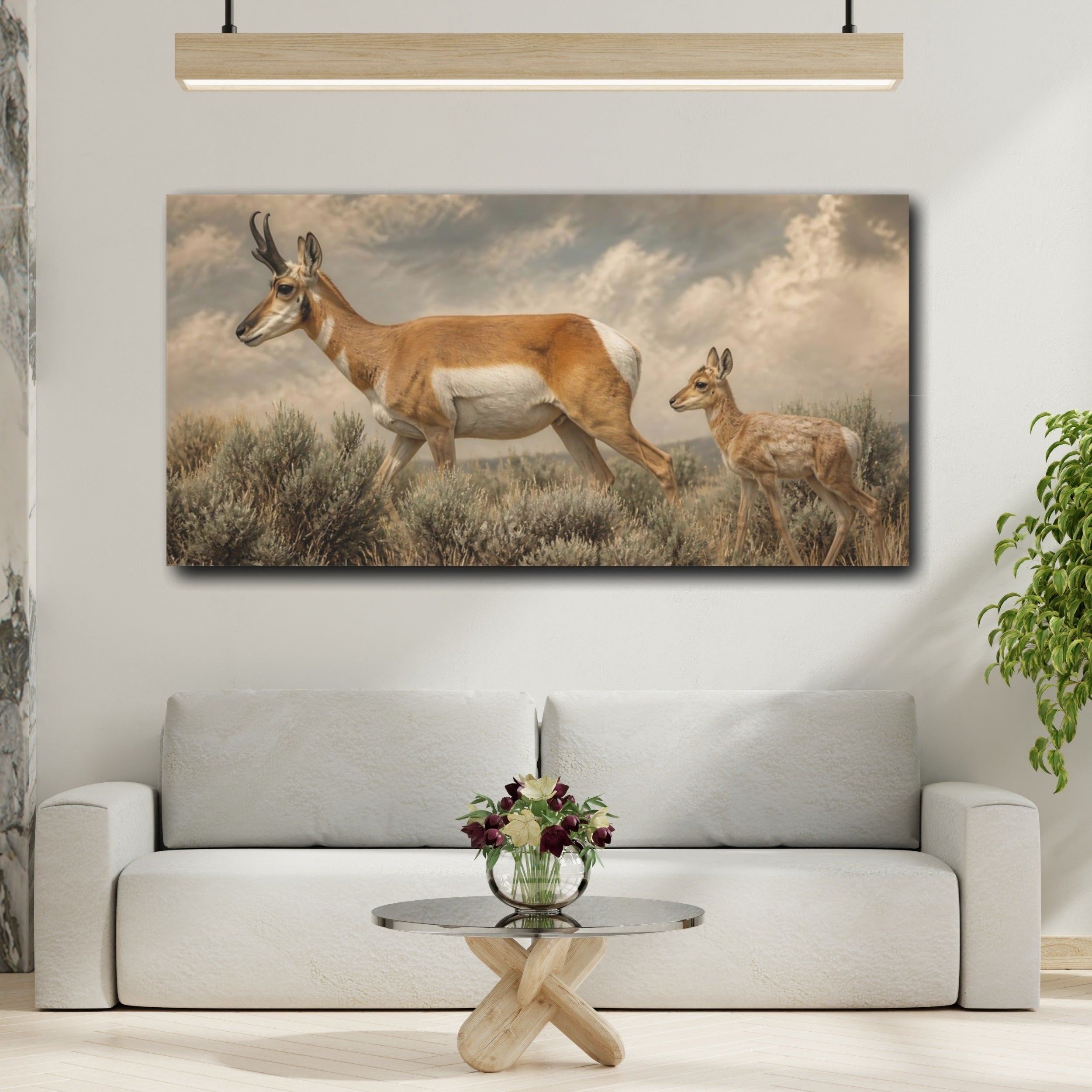 Mockup 2. Animals Pronghorn Brown Tan shown as stretched canvas wall art