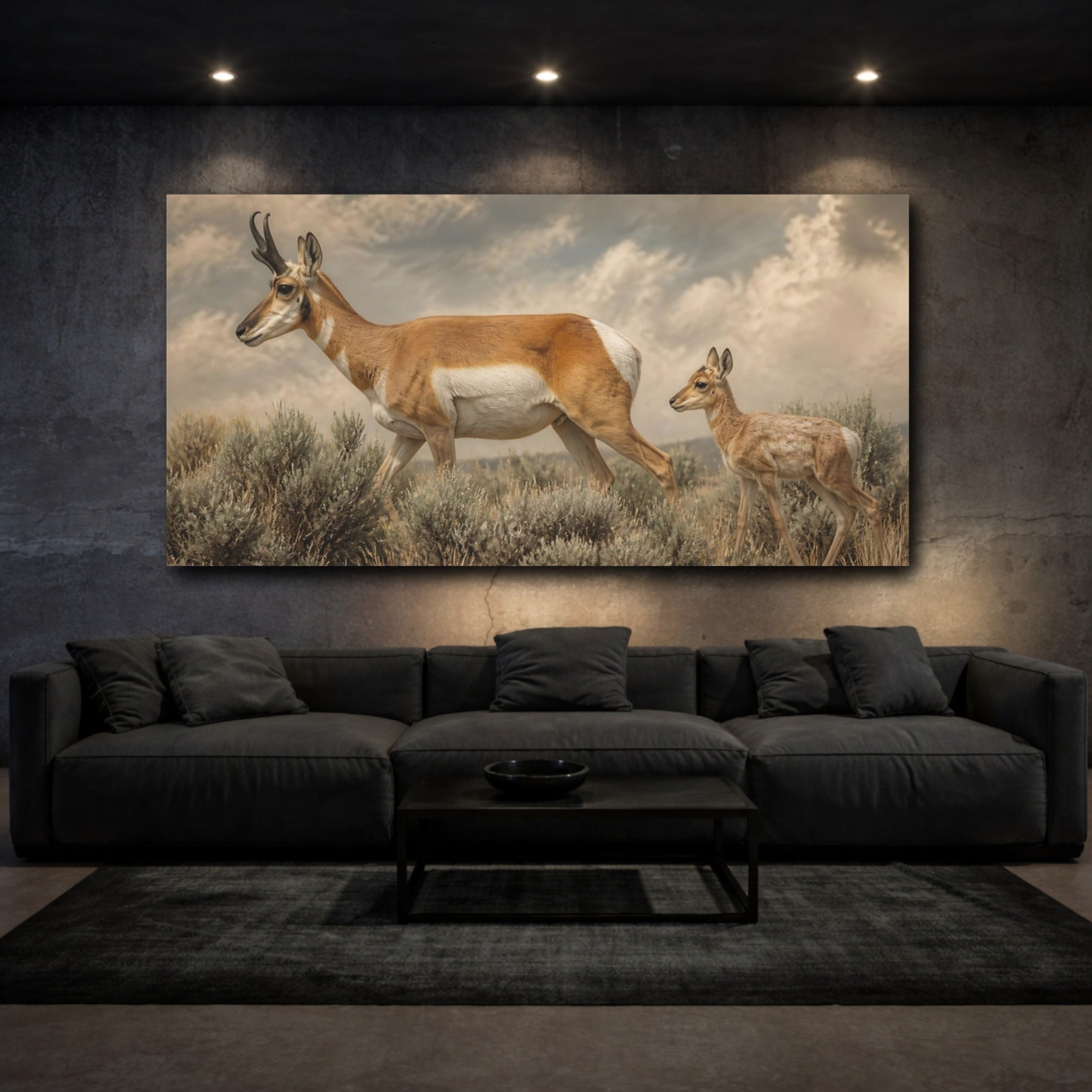 Mockup 3. Animals Pronghorn Brown Tan shown as stretched canvas wall art
