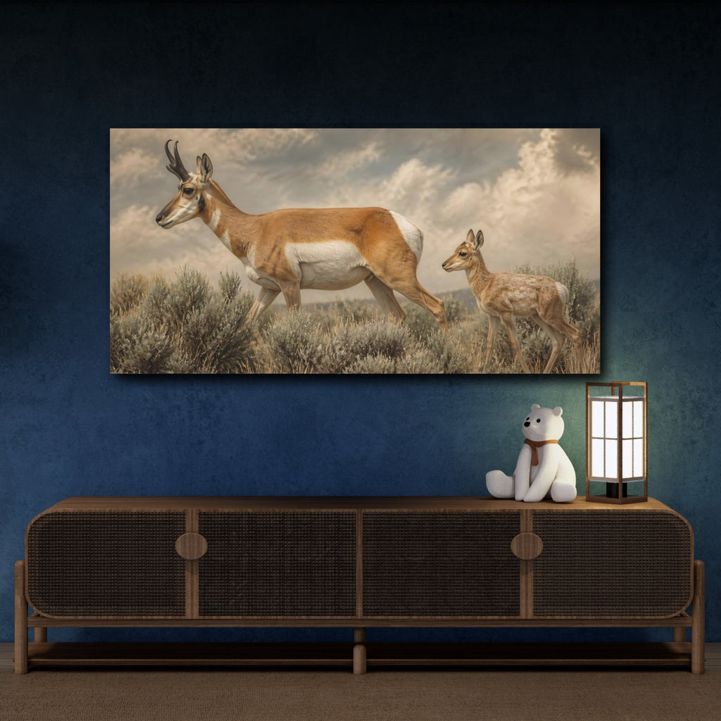 Mockup 4. Animals Pronghorn Brown Tan shown as stretched canvas wall art