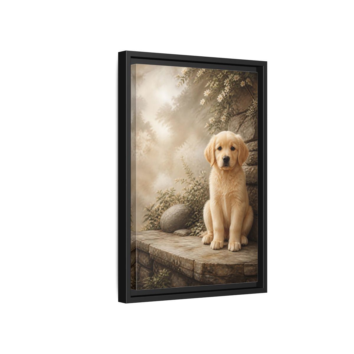 Side Mockup 6. Animals Puppy Golden Puppy shown as stretched canvas wall art