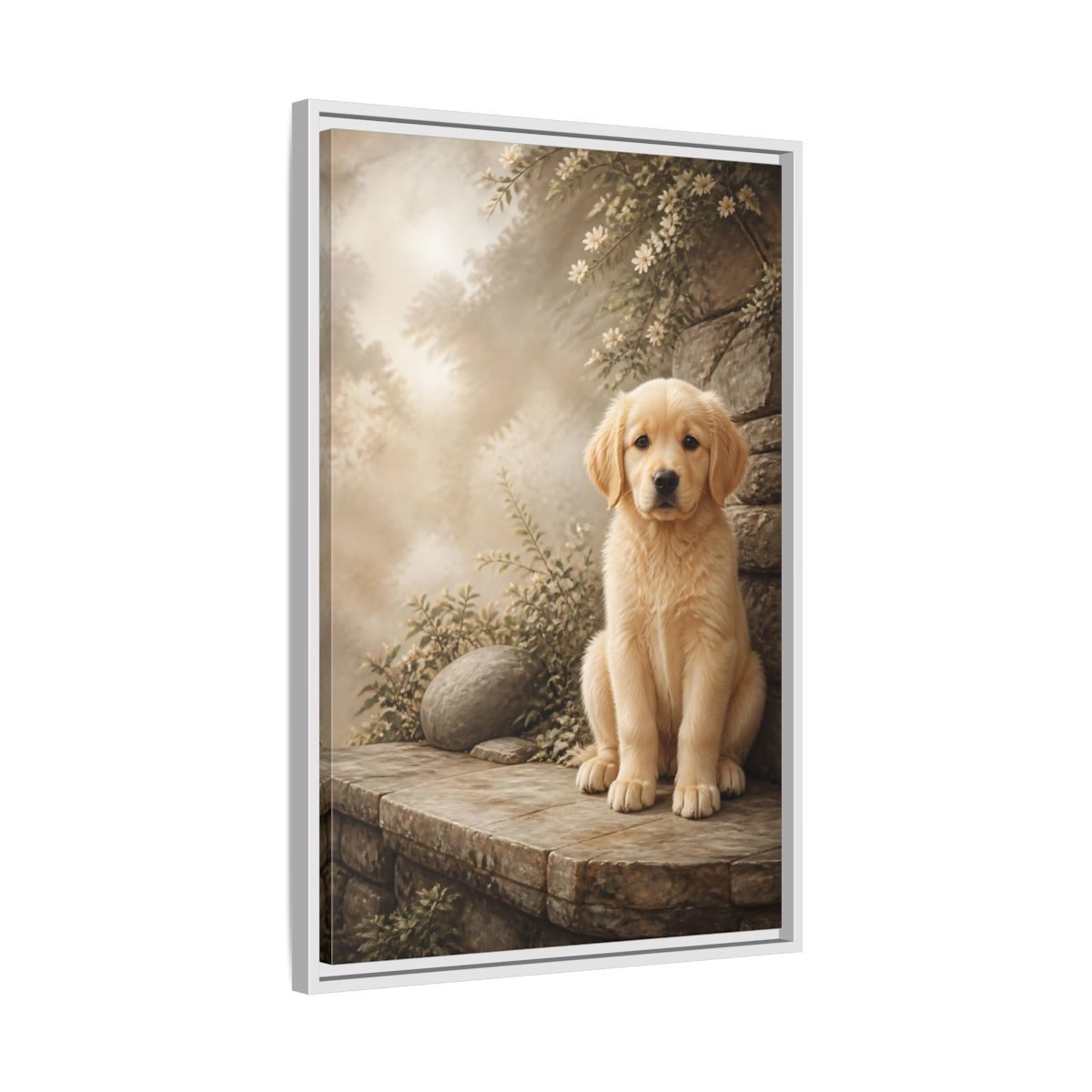 Side Mockup 10. Animals Puppy Golden Puppy shown as stretched canvas wall art