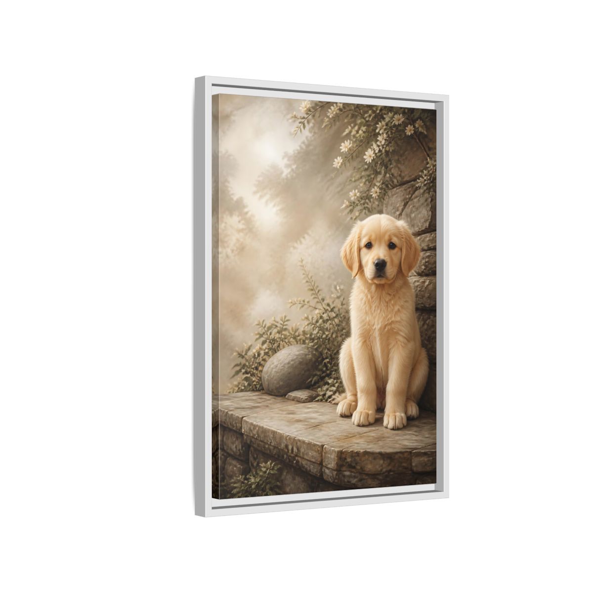 Side Mockup 1. Animals Puppy Golden Puppy shown as stretched canvas wall art