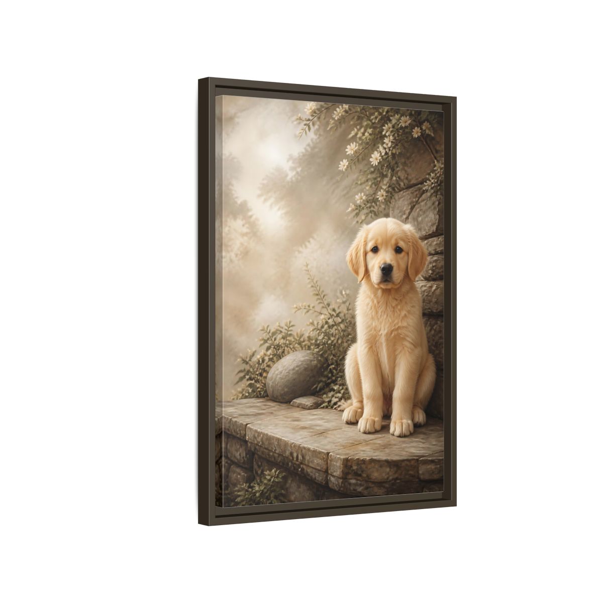 Side Mockup 2. Animals Puppy Golden Puppy shown as stretched canvas wall art
