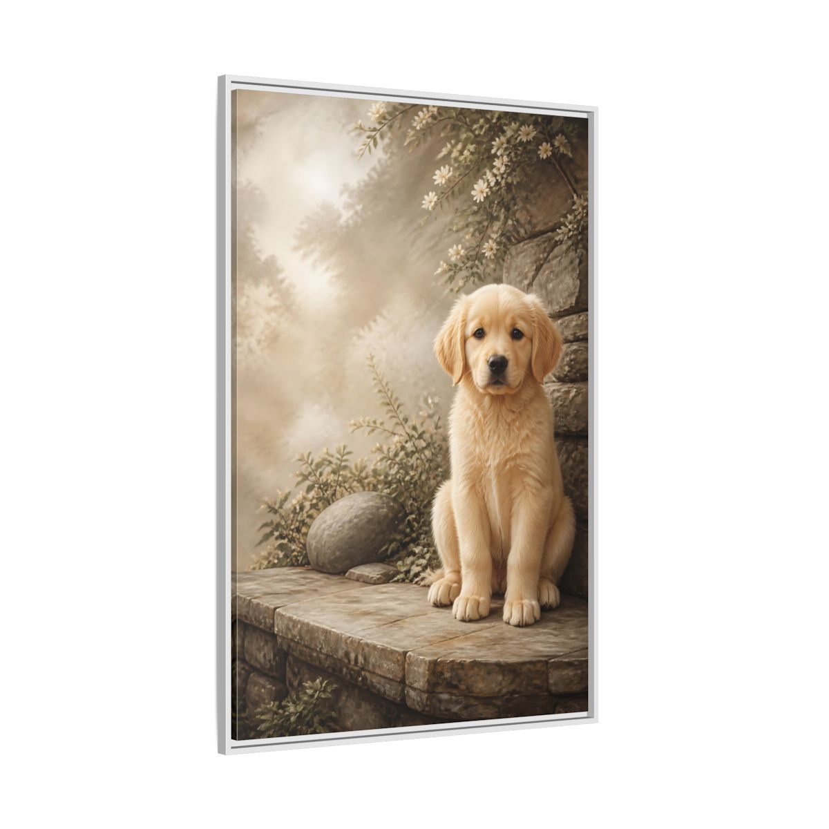 Side Mockup 7. Animals Puppy Golden Puppy shown as stretched canvas wall art