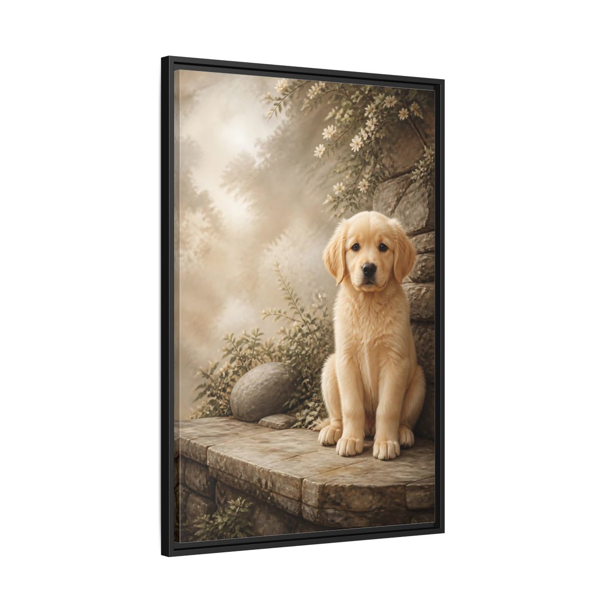 Side Mockup 13. Animals Puppy Golden Puppy shown as stretched canvas wall art