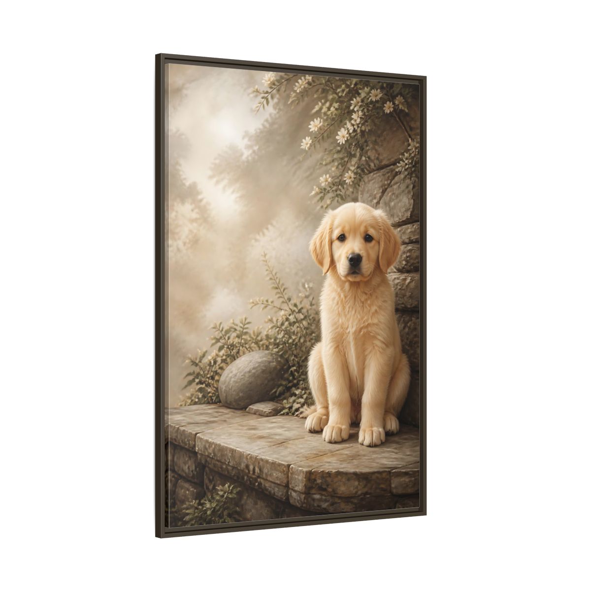 Side Mockup 8. Animals Puppy Golden Puppy shown as stretched canvas wall art