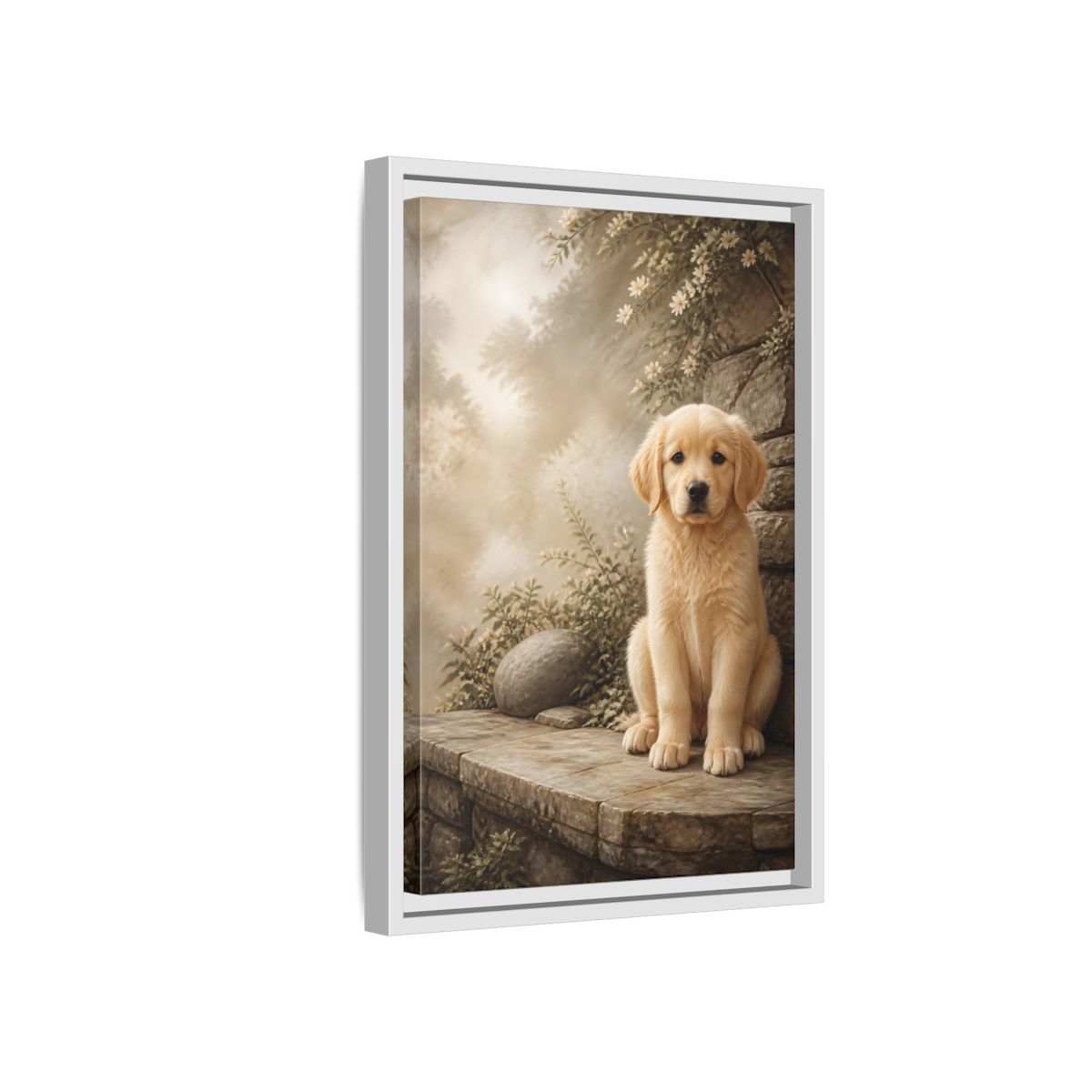 Side Mockup 4. Animals Puppy Golden Puppy shown as stretched canvas wall art