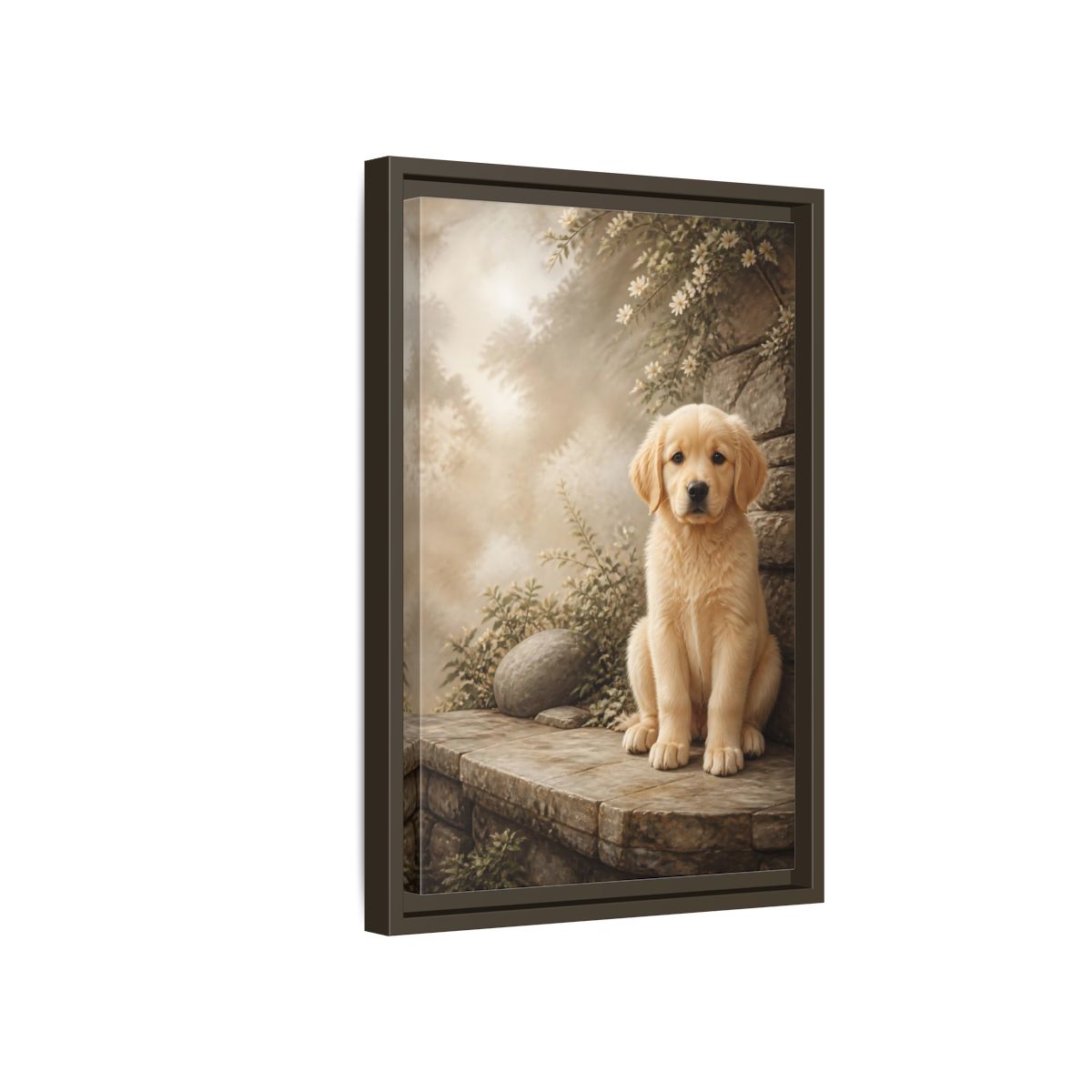 Side Mockup 5. Animals Puppy Golden Puppy shown as stretched canvas wall art