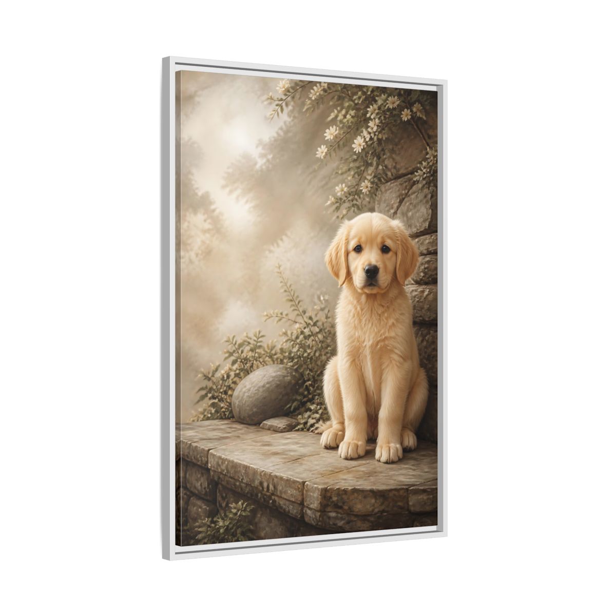 Side Mockup 9. Animals Puppy Golden Puppy shown as stretched canvas wall art