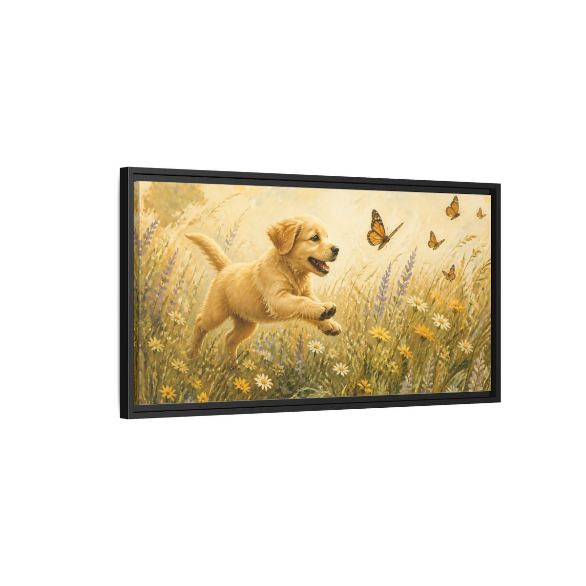 Side Mockup 2. Animals Puppy Golden Puppy Meadow shown as stretched canvas wall art