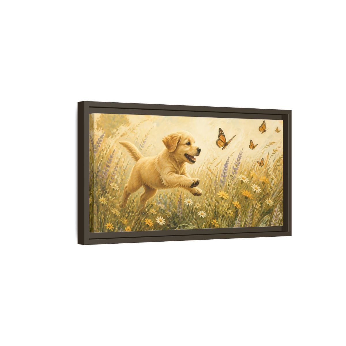 Side Mockup 7. Animals Puppy Golden Puppy Meadow shown as stretched canvas wall art