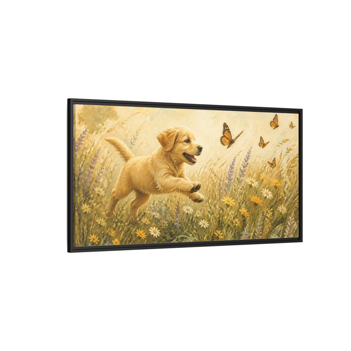 Side Mockup 5. Animals Puppy Golden Puppy Meadow shown as stretched canvas wall art