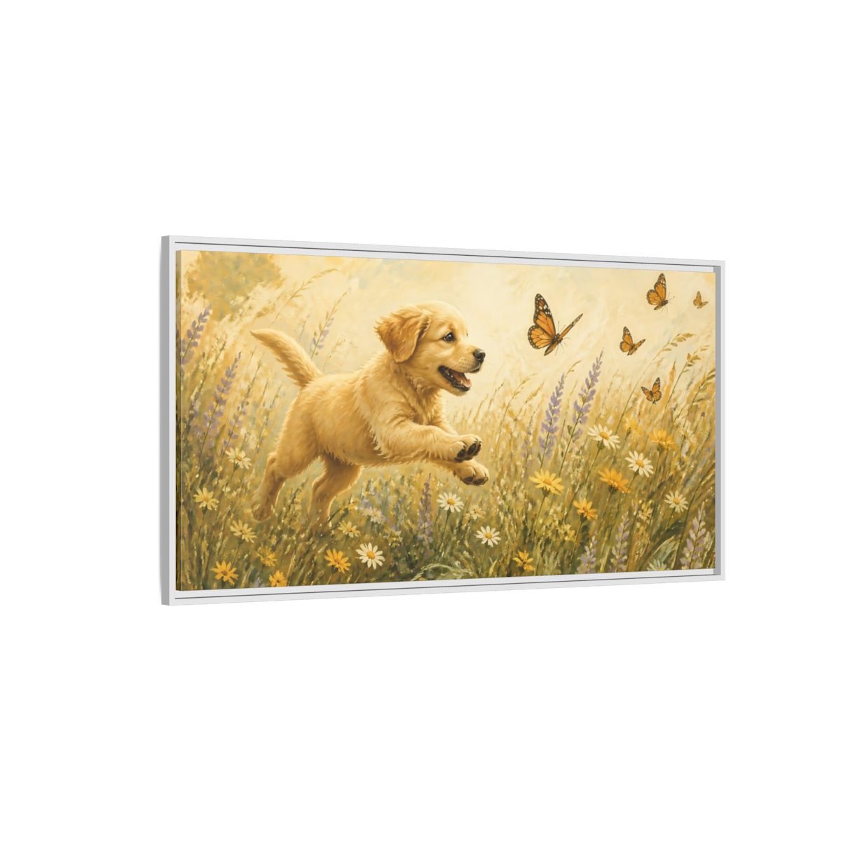 Side Mockup 3. Animals Puppy Golden Puppy Meadow shown as stretched canvas wall art