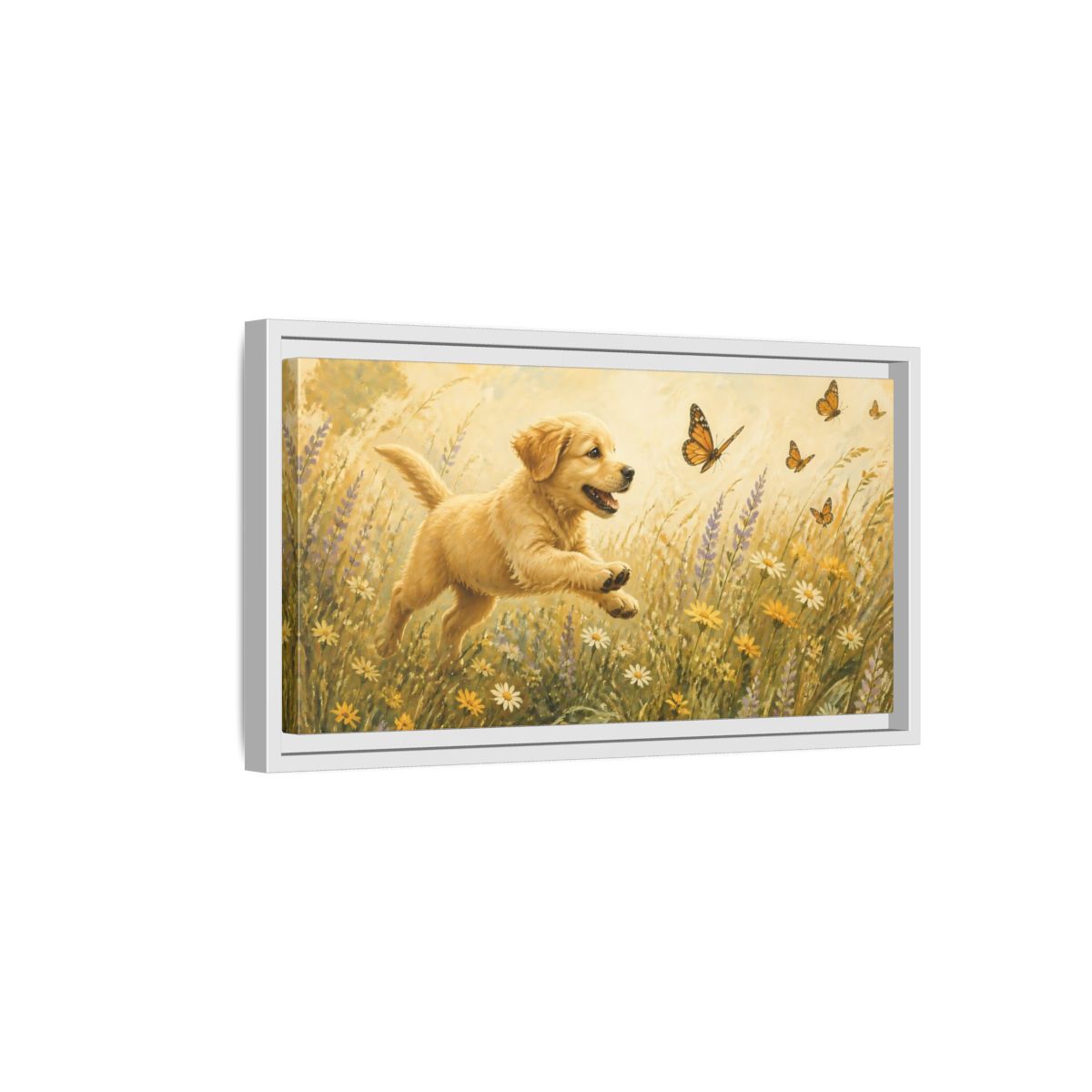 Side Mockup 6. Animals Puppy Golden Puppy Meadow shown as stretched canvas wall art