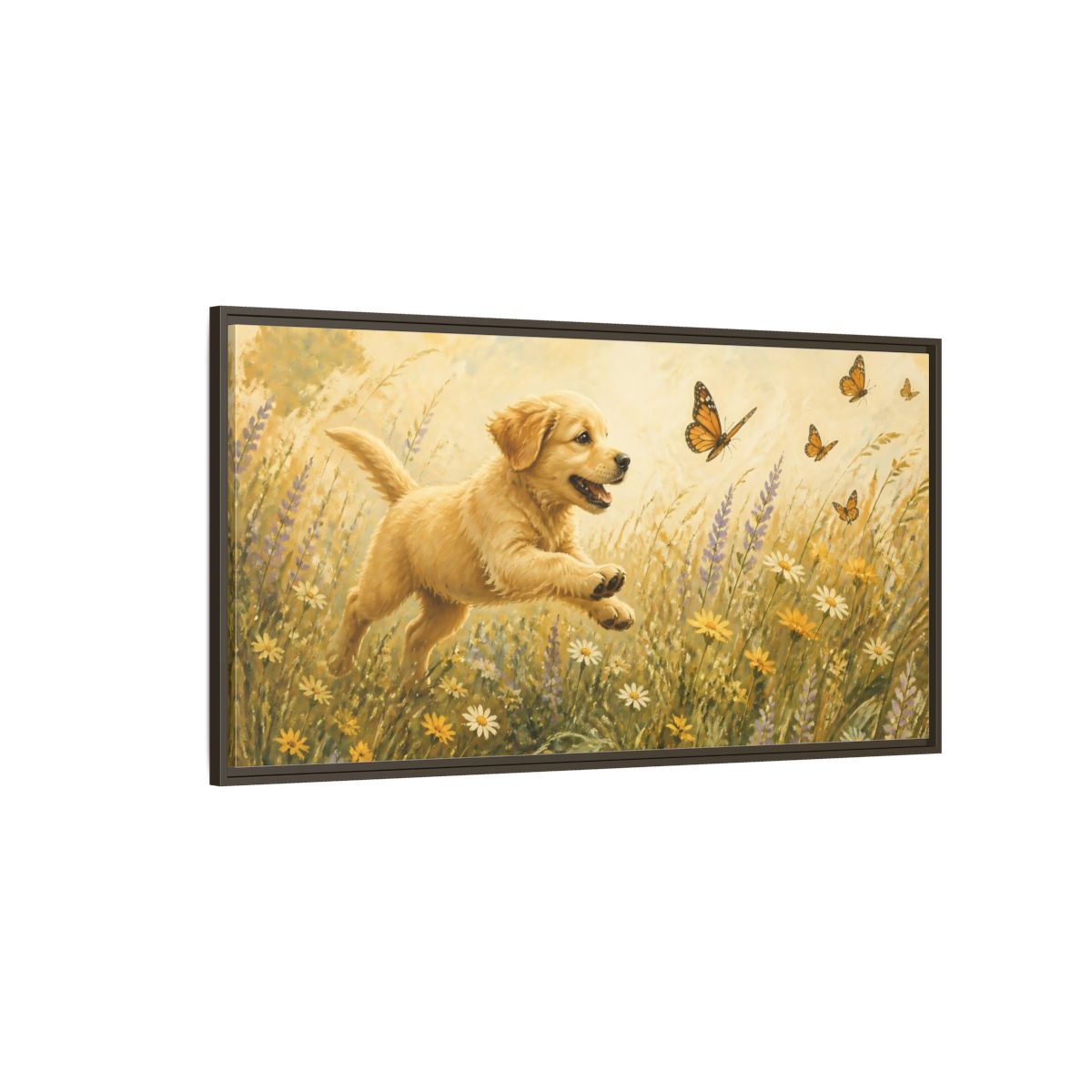 Side Mockup 4. Animals Puppy Golden Puppy Meadow shown as stretched canvas wall art