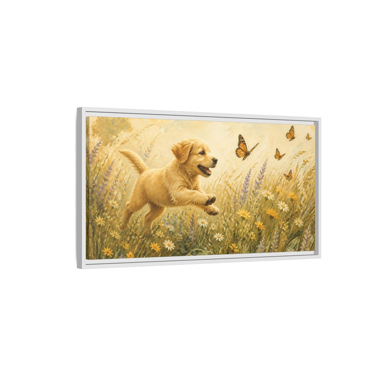 Side Mockup 1. Animals Puppy Golden Puppy Meadow shown as stretched canvas wall art