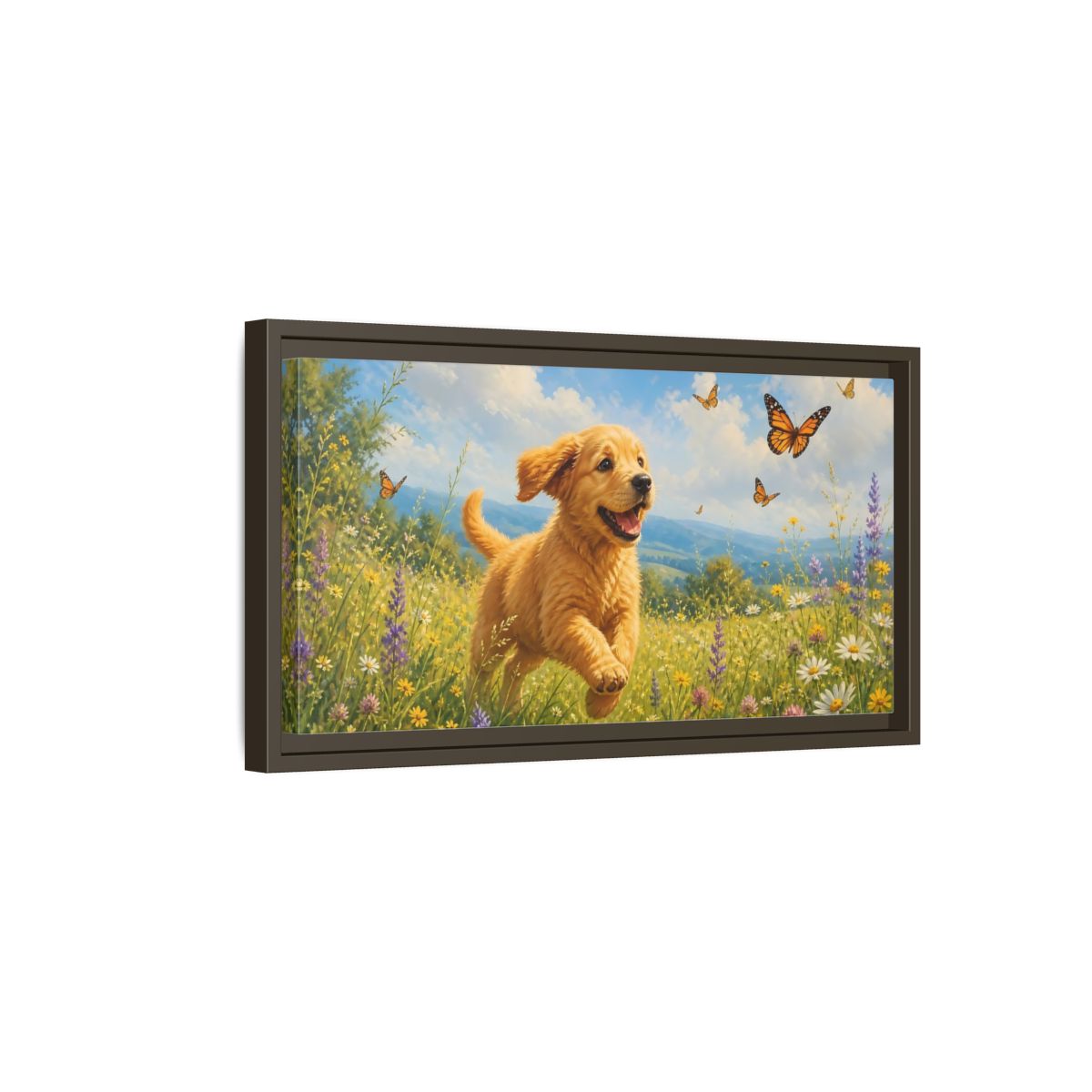 Side Mockup 7. Animals Puppy Golden Puppy Meadow shown as stretched canvas wall art