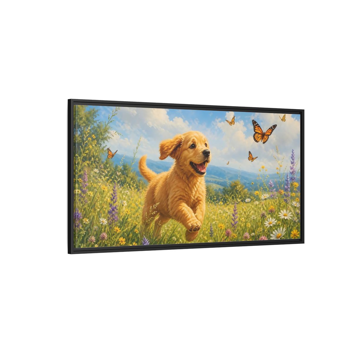 Side Mockup 5. Animals Puppy Golden Puppy Meadow shown as stretched canvas wall art