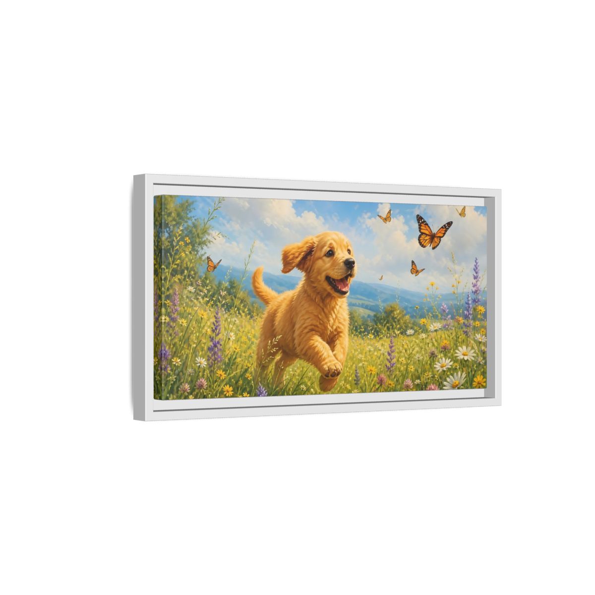 Side Mockup 6. Animals Puppy Golden Puppy Meadow shown as stretched canvas wall art