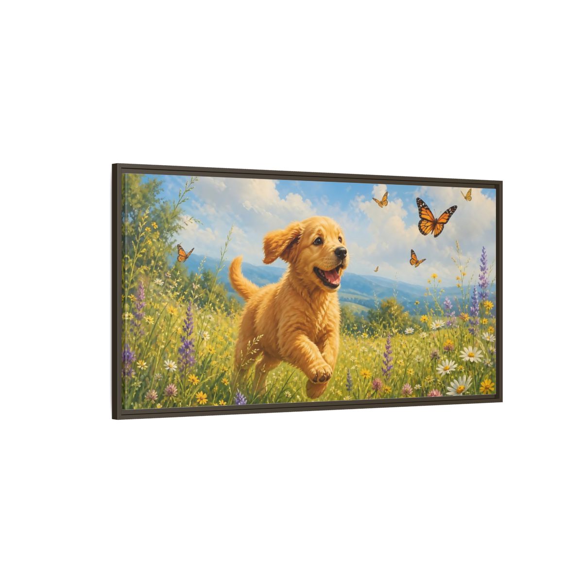 Side Mockup 4. Animals Puppy Golden Puppy Meadow shown as stretched canvas wall art