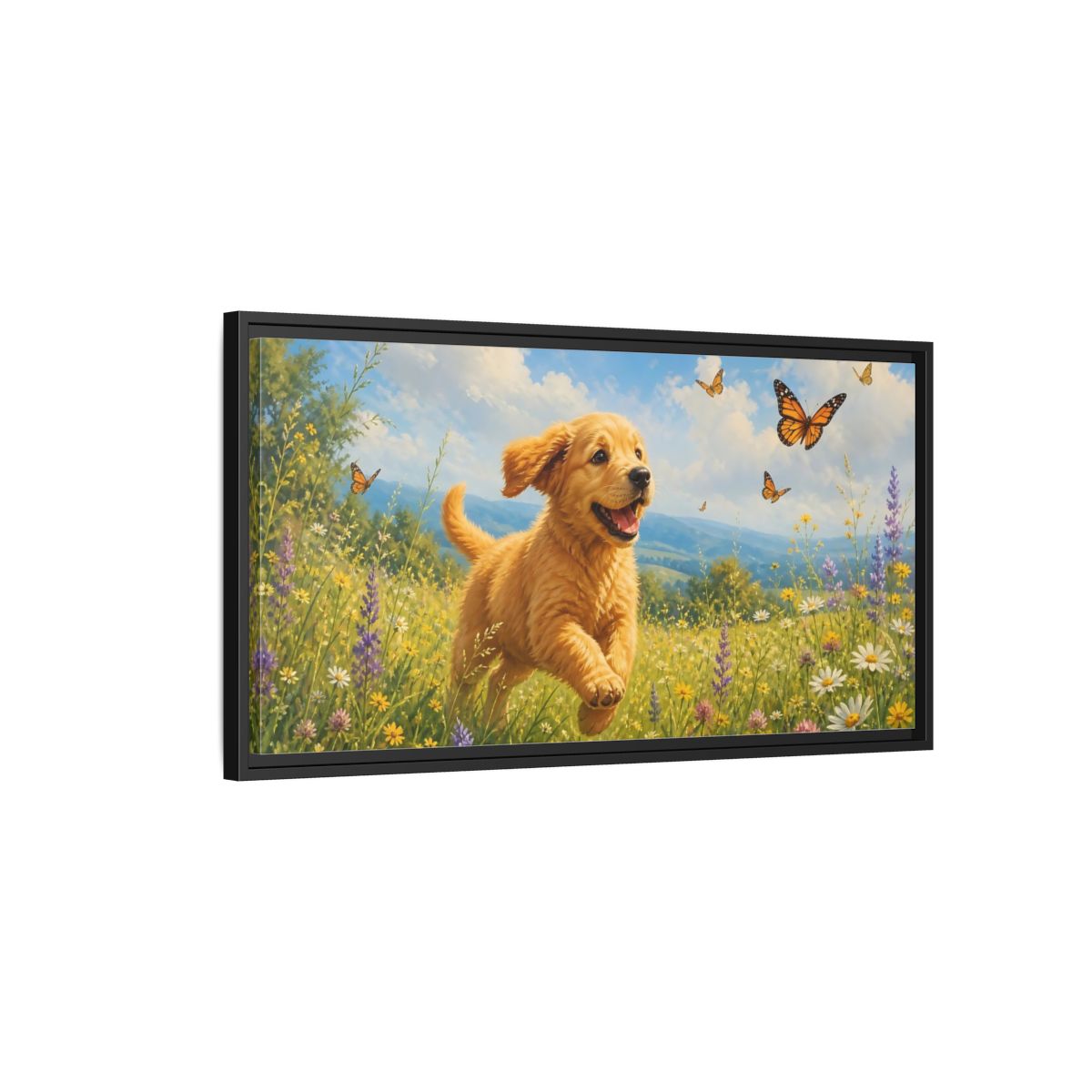 Side Mockup 2. Animals Puppy Golden Puppy Meadow shown as stretched canvas wall art