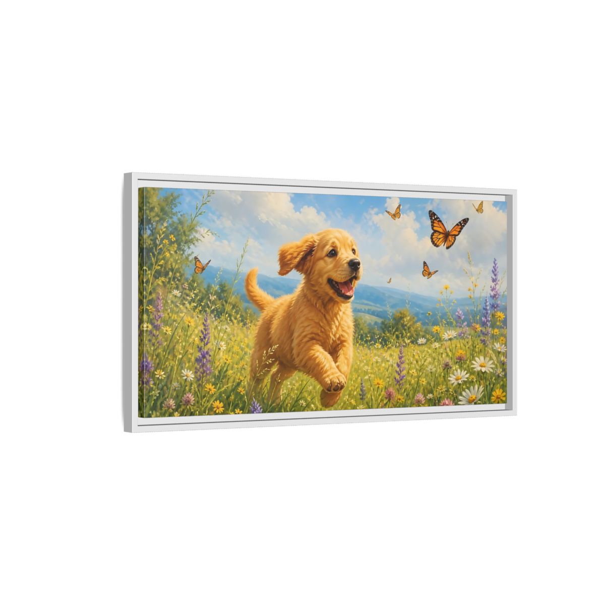 Side Mockup 1. Animals Puppy Golden Puppy Meadow shown as stretched canvas wall art