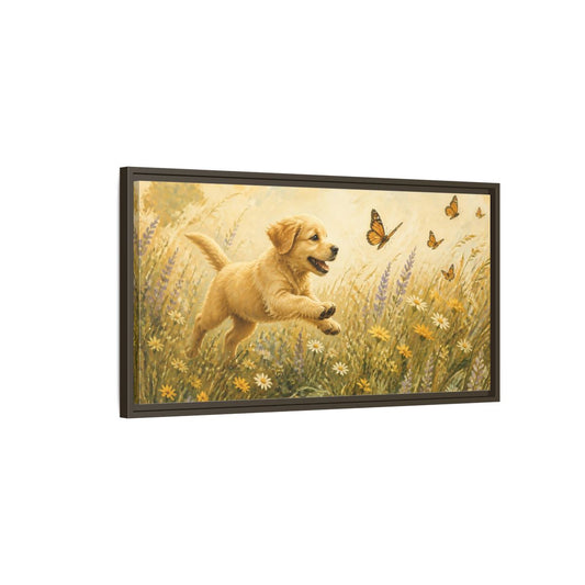 Main Mockup. Animals Puppy Golden Puppy Meadow shown as stretched canvas wall art