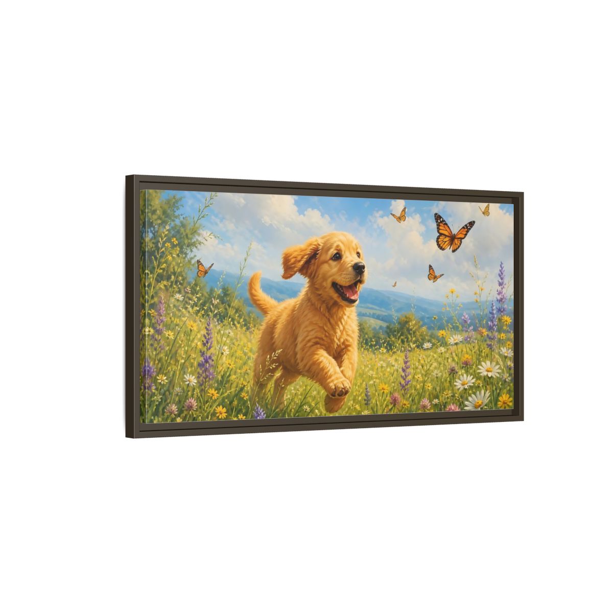 Main Mockup. Animals Puppy Golden Puppy Meadow shown as stretched canvas wall art