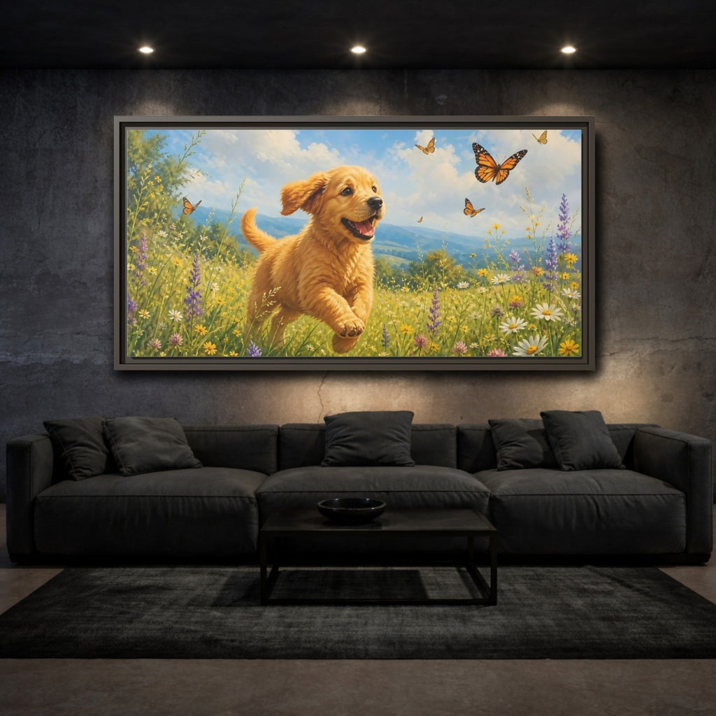 Mockup 2. Animals Puppy Golden Puppy Meadow shown as stretched canvas wall art