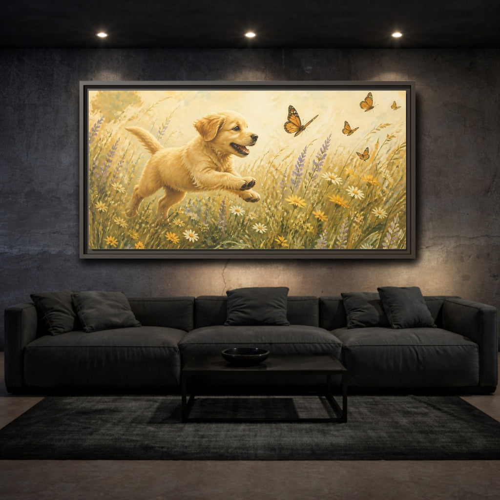 Mockup 3. Animals Puppy Golden Puppy Meadow shown as stretched canvas wall art