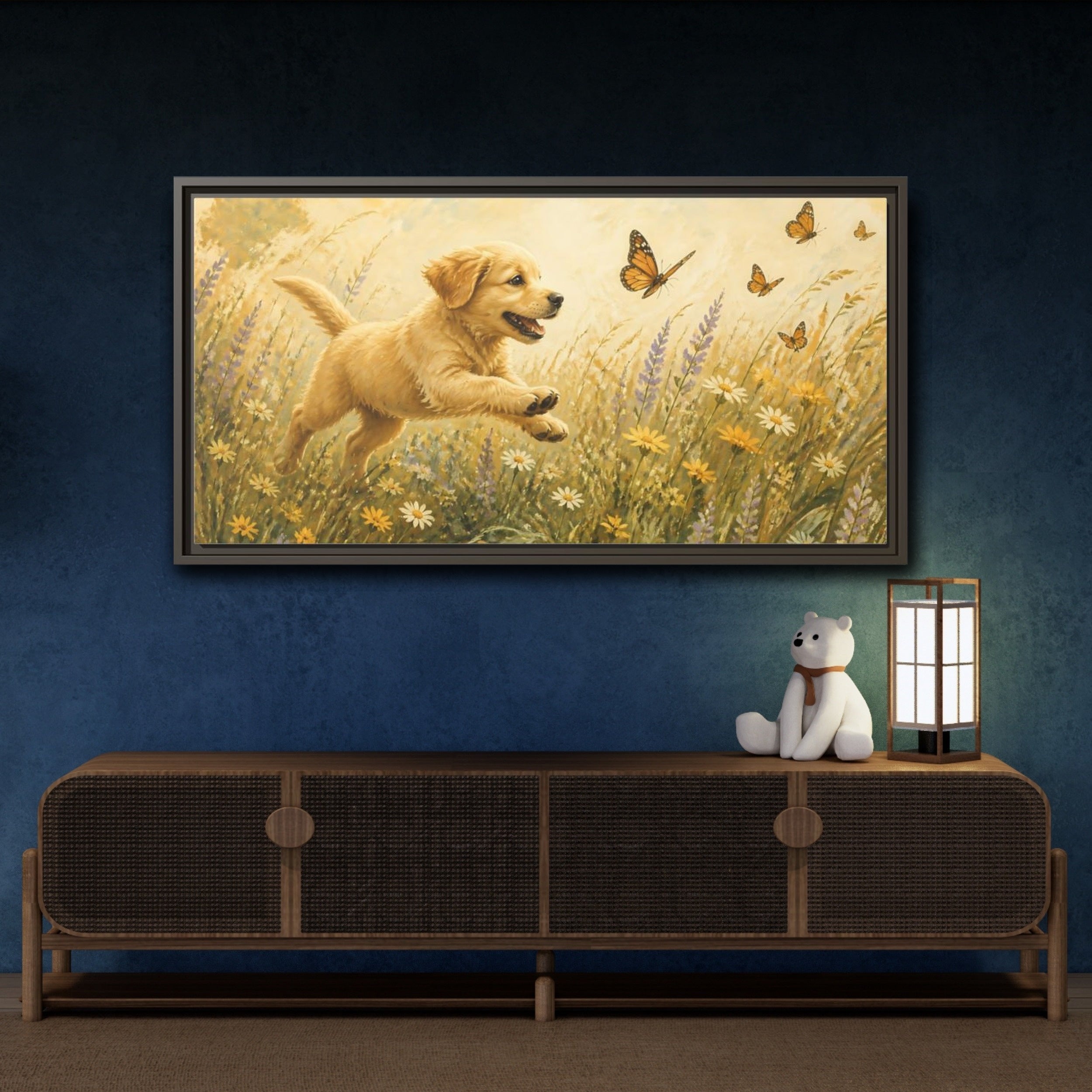 Mockup 4. Animals Puppy Golden Puppy Meadow shown as stretched canvas wall art