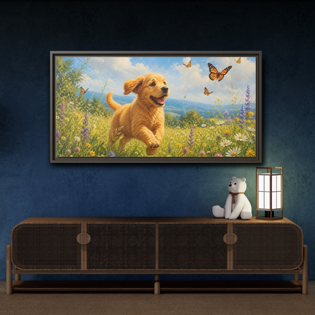 Mockup 4. Animals Puppy Golden Puppy Meadow shown as stretched canvas wall art