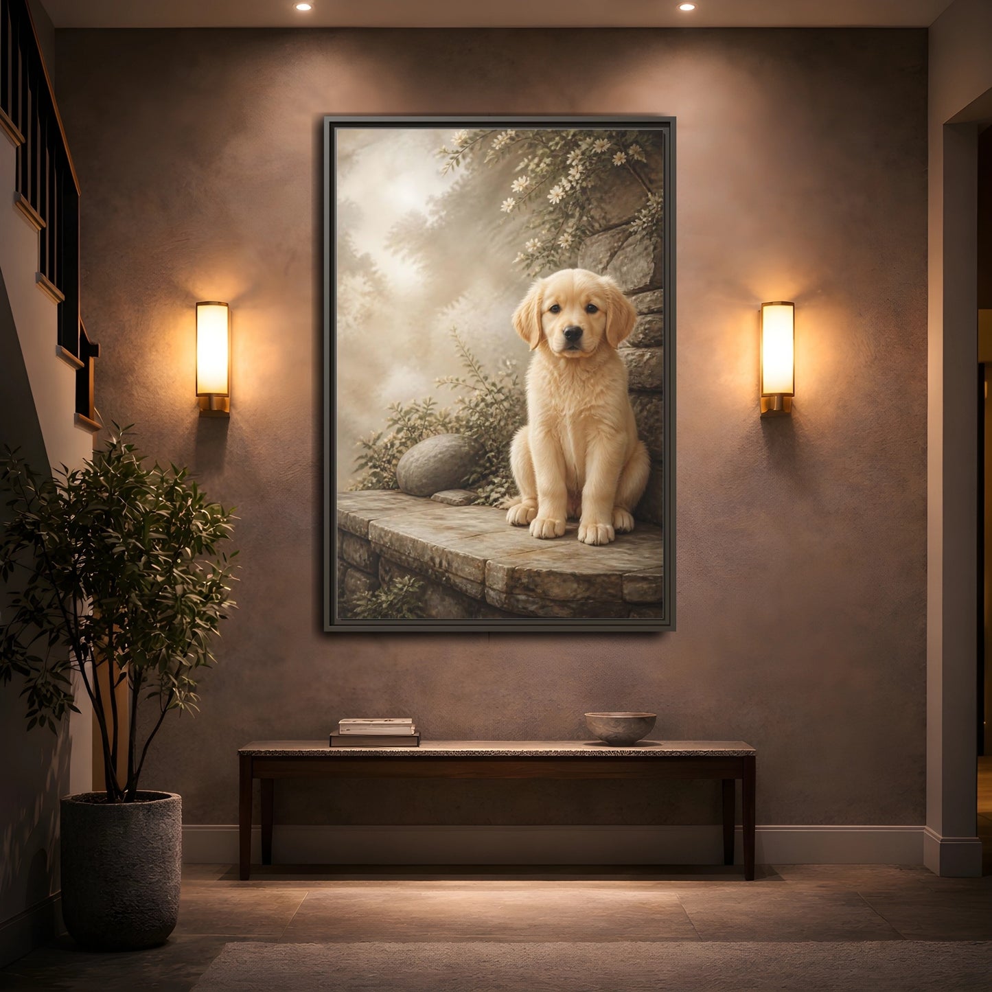 Mockup 2. Animals Puppy Golden Puppy shown as stretched canvas wall art