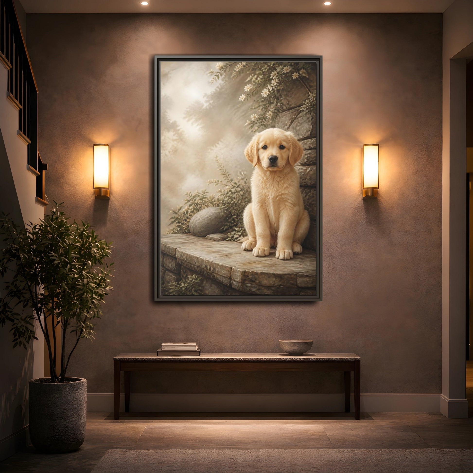 Mockup 2. Animals Puppy Golden Puppy shown as stretched canvas wall art