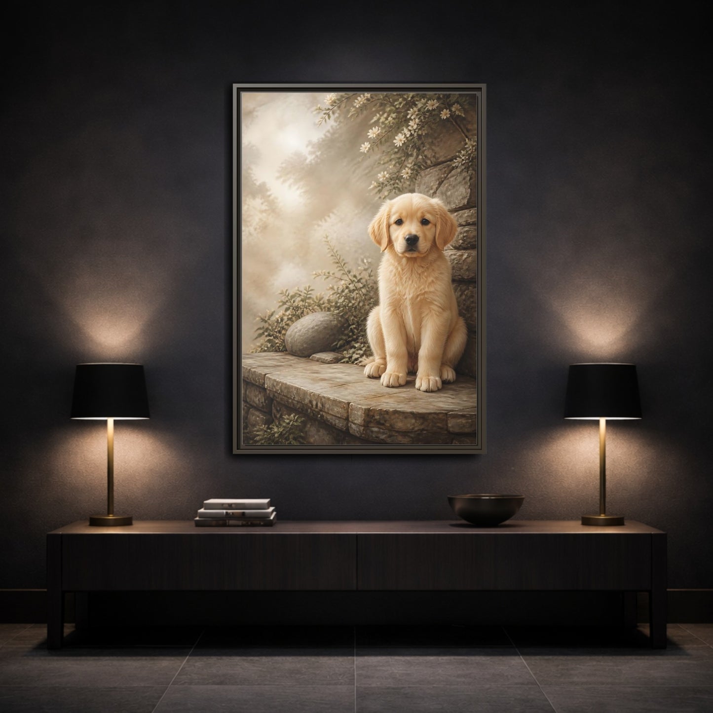 Mockup 3. Animals Puppy Golden Puppy shown as stretched canvas wall art