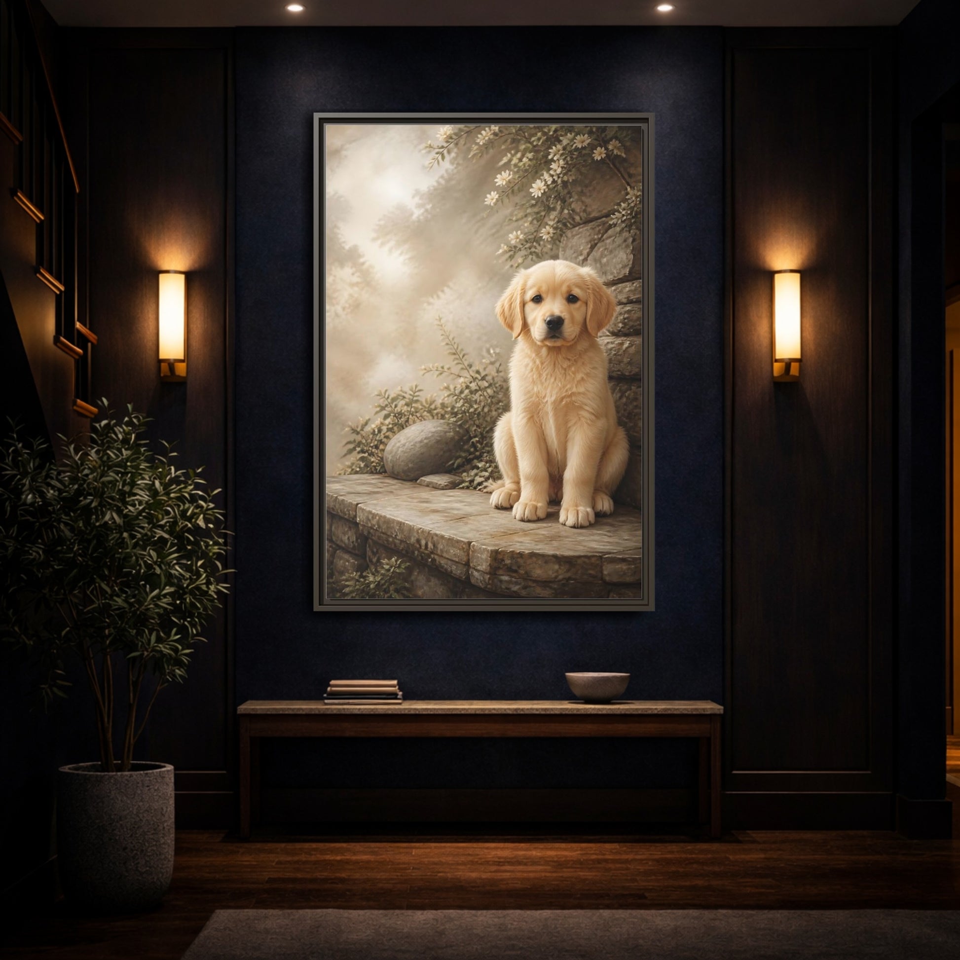 Mockup 4. Animals Puppy Golden Puppy shown as stretched canvas wall art