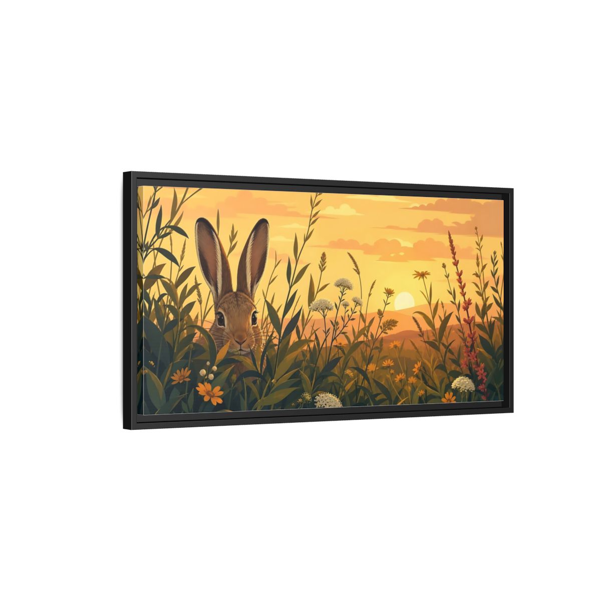 Side Mockup 2. Animals Rabbit Rabbit Meadow Sunset shown as stretched canvas wall art
