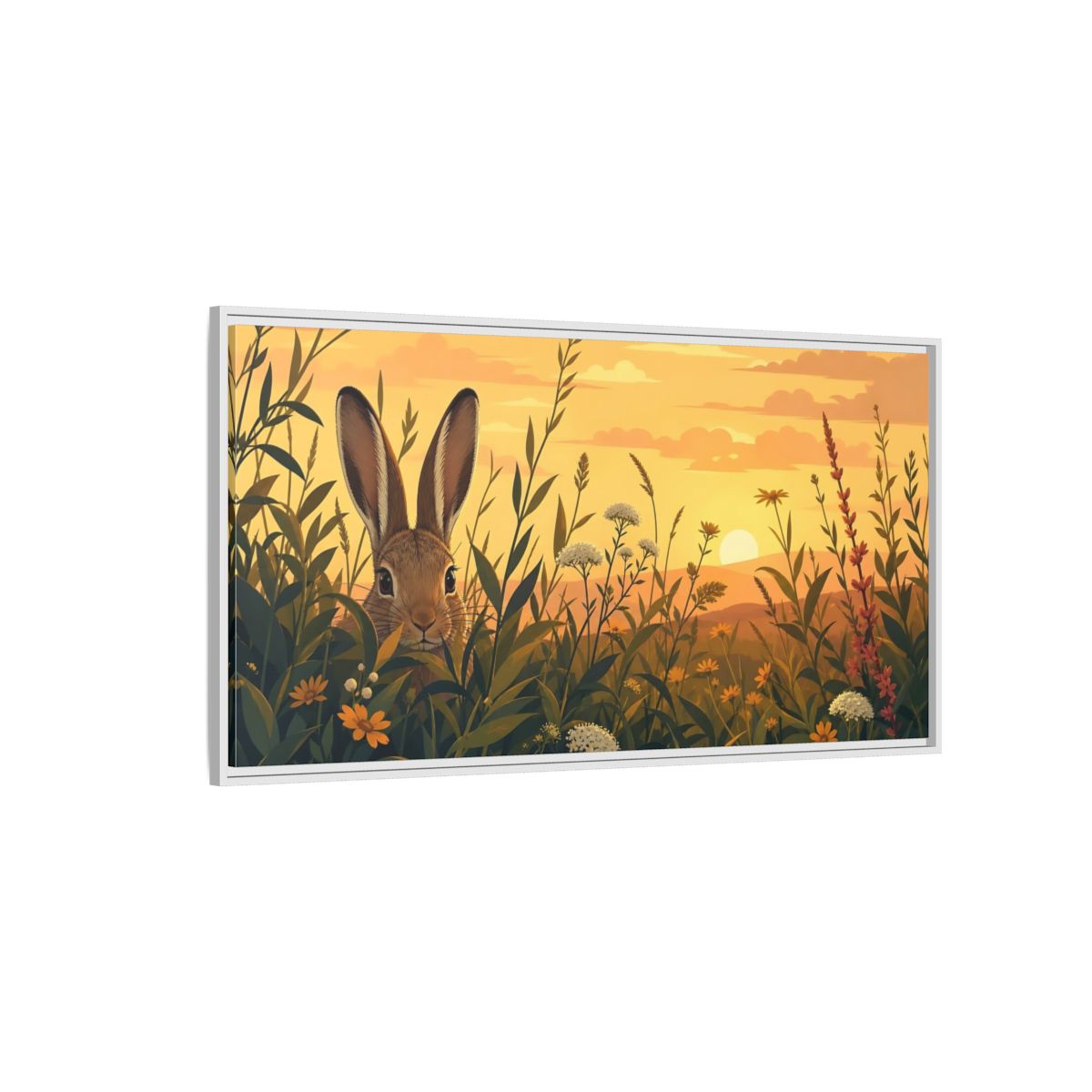 Side Mockup 3. Animals Rabbit Rabbit Meadow Sunset shown as stretched canvas wall art