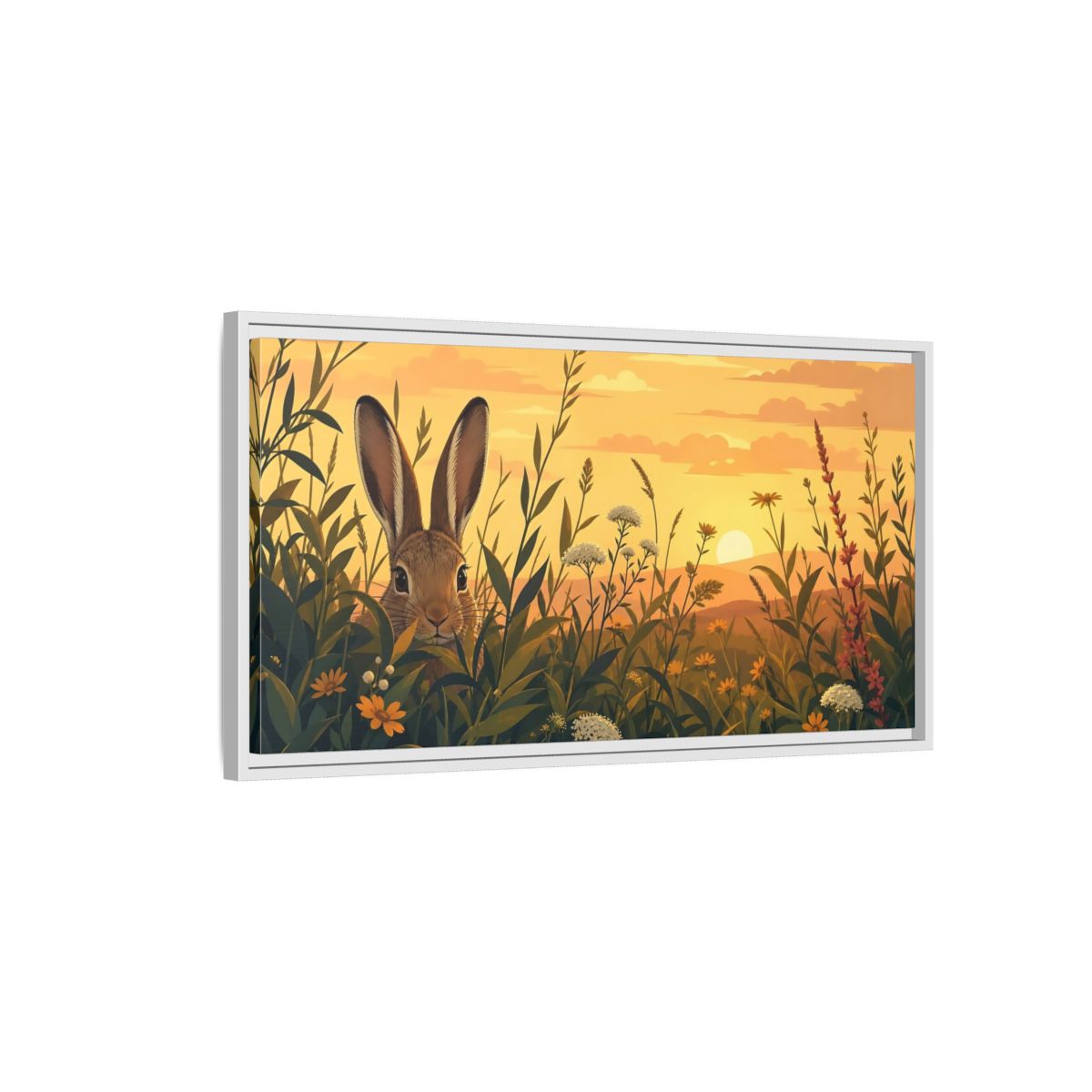 Side Mockup 1. Animals Rabbit Rabbit Meadow Sunset shown as stretched canvas wall art