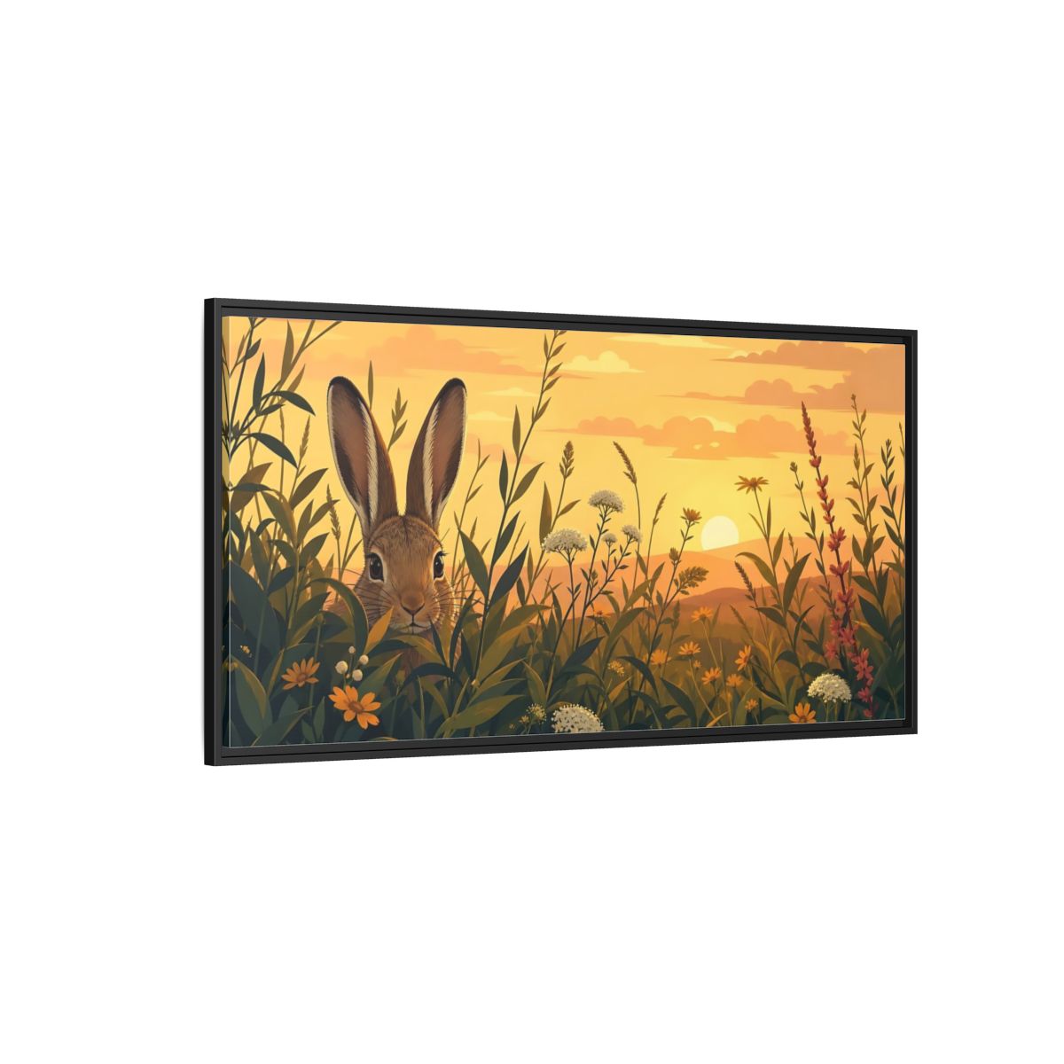 Side Mockup 5. Animals Rabbit Rabbit Meadow Sunset shown as stretched canvas wall art