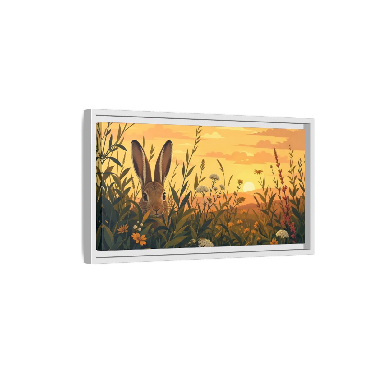 Side Mockup 6. Animals Rabbit Rabbit Meadow Sunset shown as stretched canvas wall art