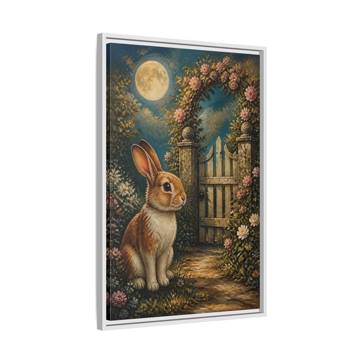 Side Mockup 10. Animals Rabbit Moonlit Rabbit shown as stretched canvas wall art