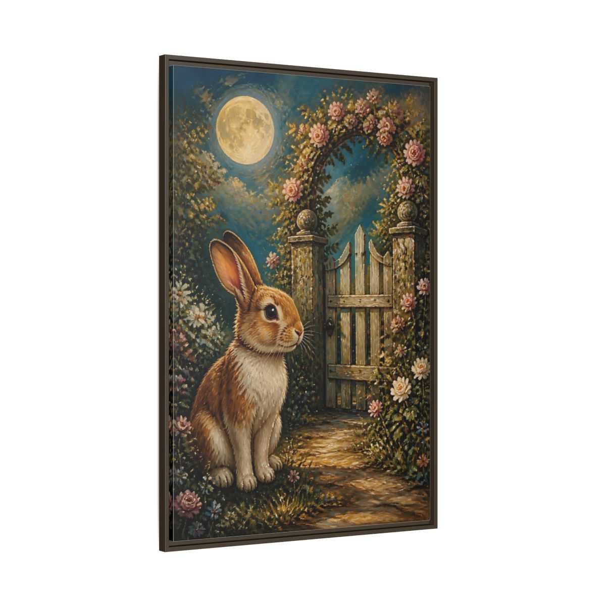 Side Mockup 8. Animals Rabbit Moonlit Rabbit shown as stretched canvas wall art