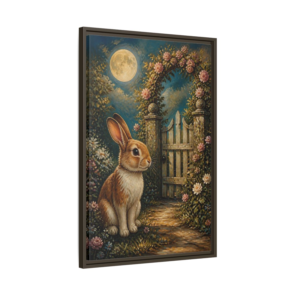 Side Mockup 11. Animals Rabbit Moonlit Rabbit shown as stretched canvas wall art