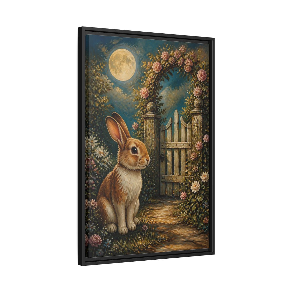 Side Mockup 14. Animals Rabbit Moonlit Rabbit shown as stretched canvas wall art