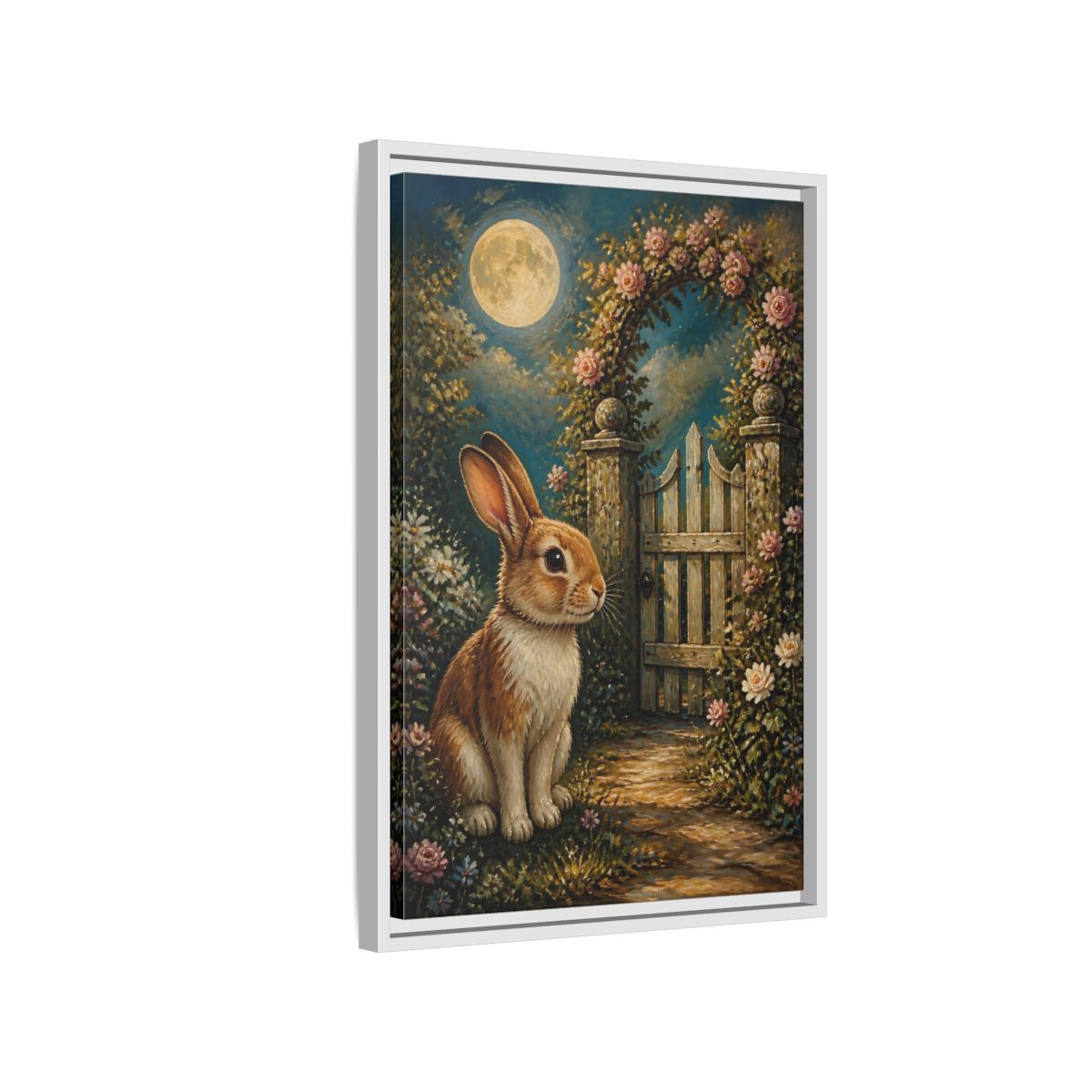 Side Mockup 1. Animals Rabbit Moonlit Rabbit shown as stretched canvas wall art